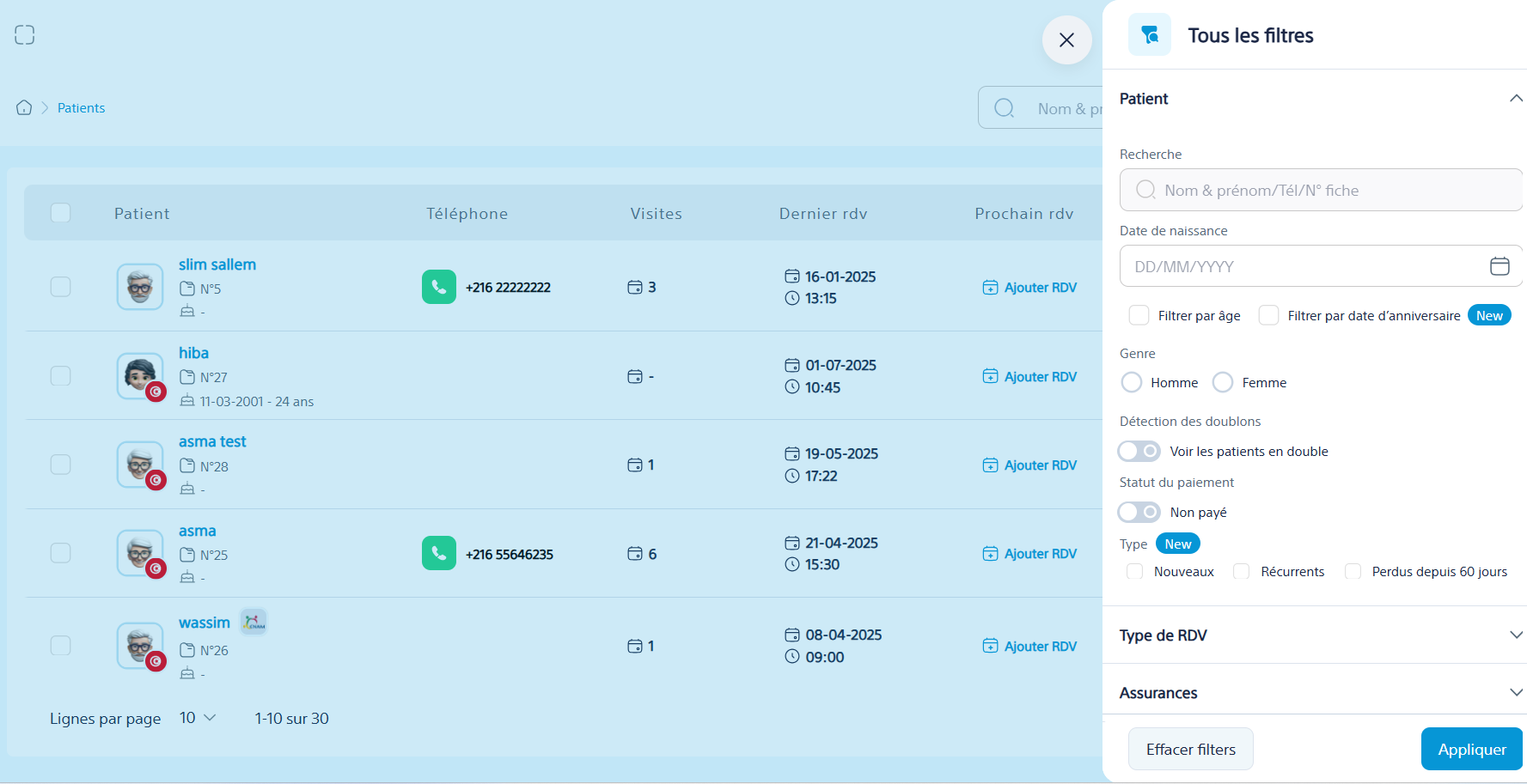 Interface de gestion des patients MedLink